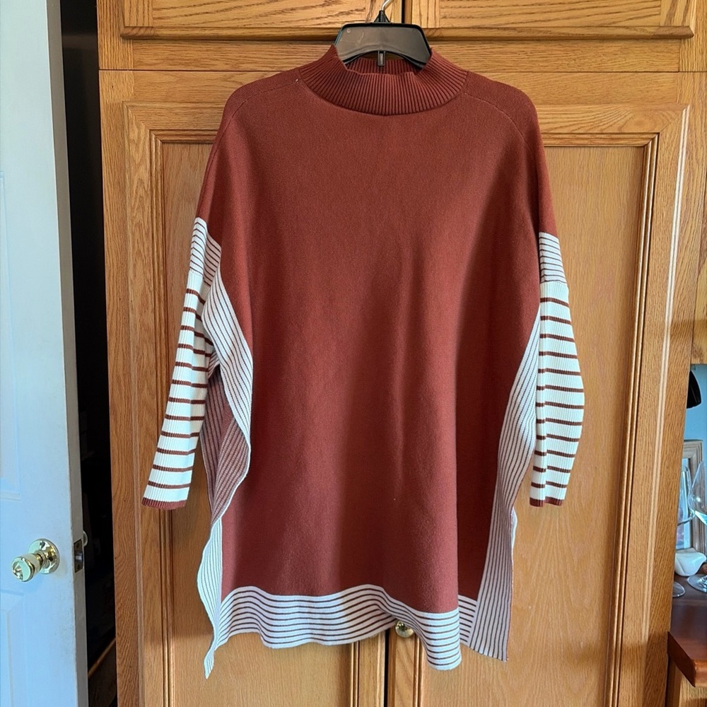 Chic wish Women's Rust & White Striped Sleeve Sweater/poncho style one size